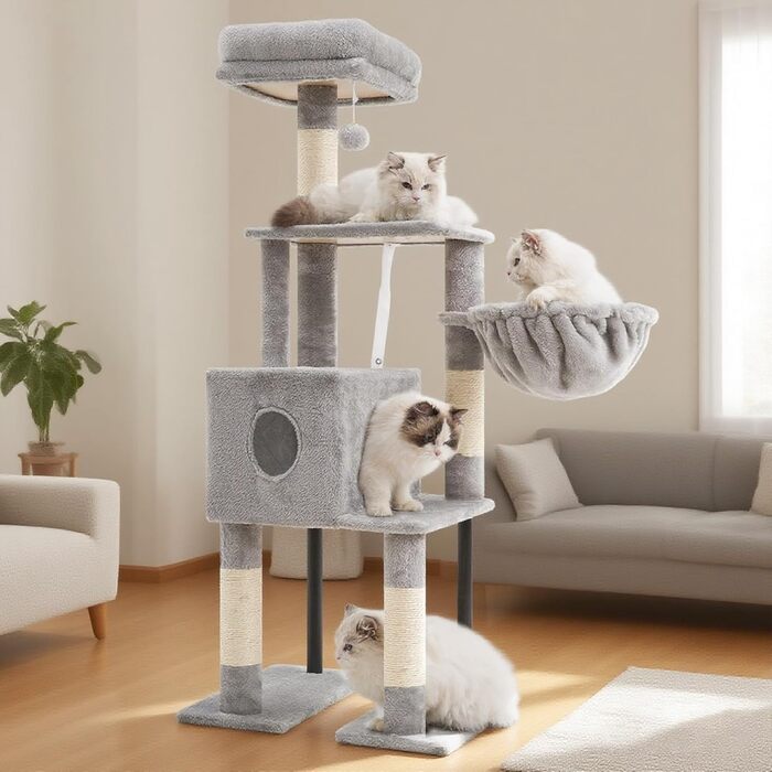 Котячий будиночок Heybly Kratzbaum HCT200SW, 125 см: кігтеточка, будиночок, лежанка, стрибкова платформа, сірий