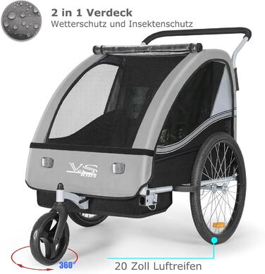 Дитячий причіп Tiggo VS 2 в 1: велосипедний причіп та коляска-візок, сірий