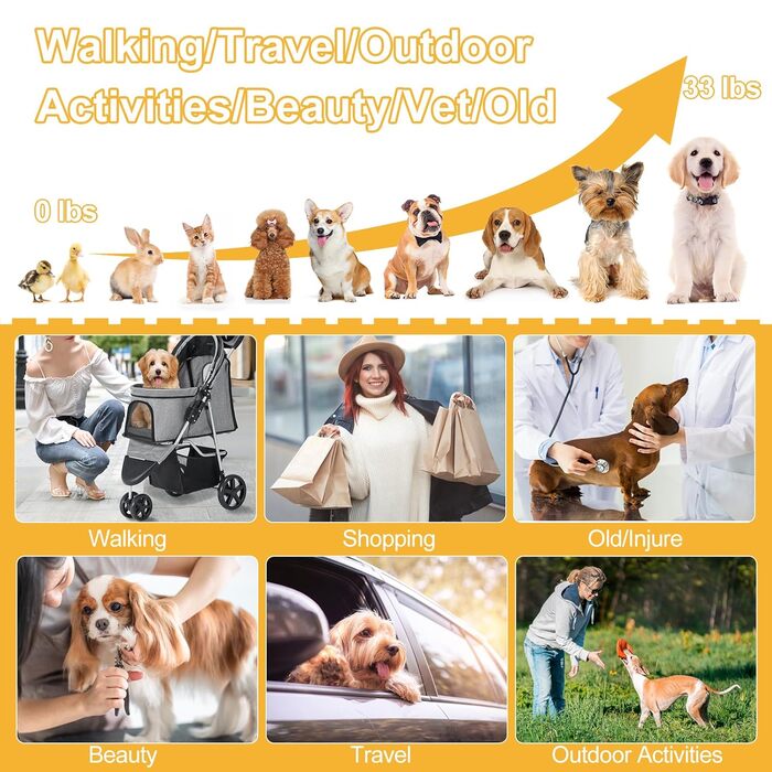 Візок для собак до 15 кг, складний, з кошиком для зберігання, сіткою та захистом від дощу. Підходить для маленьких та середніх собак, котів. Візок-тролей для собак (Сірий)