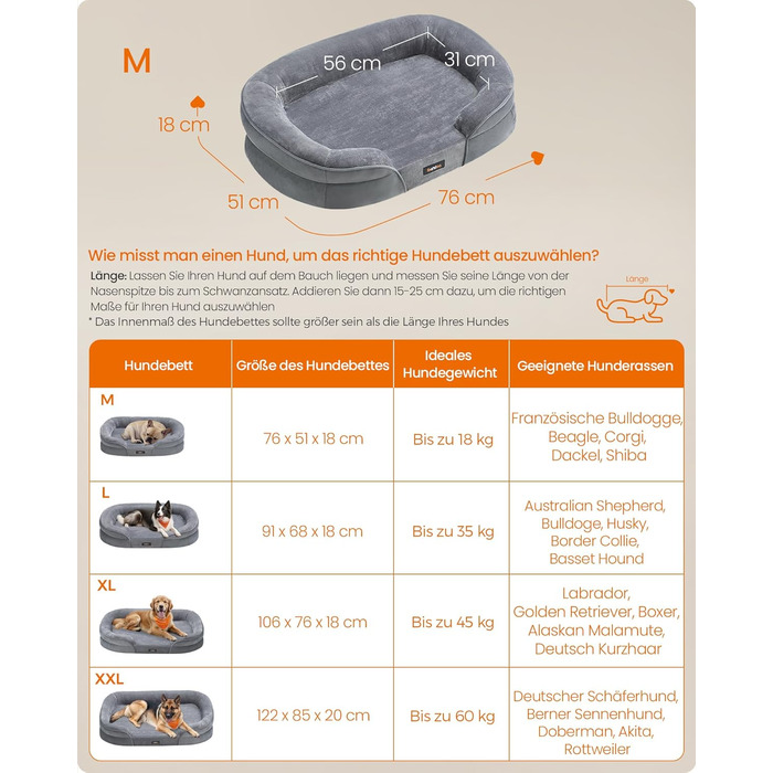 Ліжко для собак Feandrea, ортопедичне, 76x51x18 см, сірого кольору, з водовідштовхувальним шаром, знімний чохол