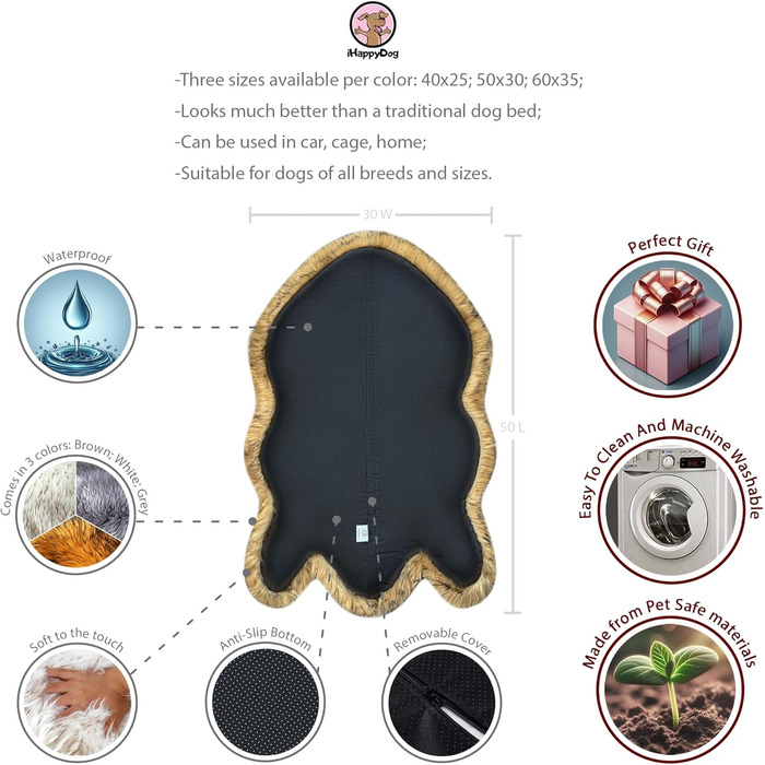 Ортопедичне собаче ліжко iHAPPYDOG з штучного хутра: м'яке, водонепроникне, з Memory Foam, для собак маленьких, середніх, великих та XL, коричневе, велике/екстра-велике (60x35 см)