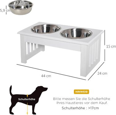 Підвищений годівниця для собак PawHut з 2 мисками, нержавіюча сталь, 900 мл, для маленьких собак і котів, білий, 44 x 24 x 15 см