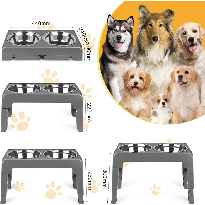 Підвищений годівниця для собак та котів, 2-в-1, 4 регульовані висоти, підставка Anti-Slip з нержавіючою чашею, сірий, 44 x 24 x 8 см