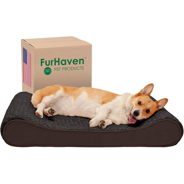 Ліжко для собак Furhaven з Memory Foam, велике/середнє, знімний, пральний чохол, до 17,2 кг, штучне хутро та замша, шоколадно-коричневе, 91x61x14 см