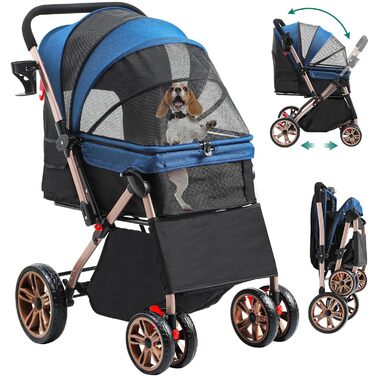 Візок для собак YITAHOME, блакитний, для маленьких собак, з обертовим ручками, сітковими вікнами та тримачем для напоїв