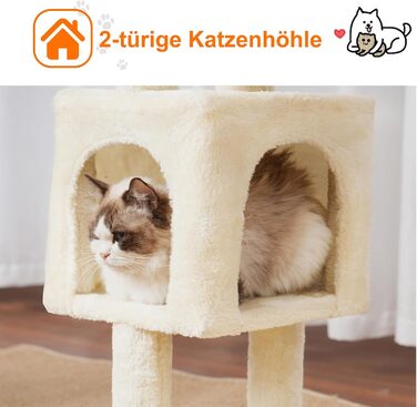 Котячий будиночок Heybly Kratzbaum: 100 см, з платформою, печерею, 2 гамаками та іграшками. Активний котячий будиночок, HCT006SW (Бежевий)