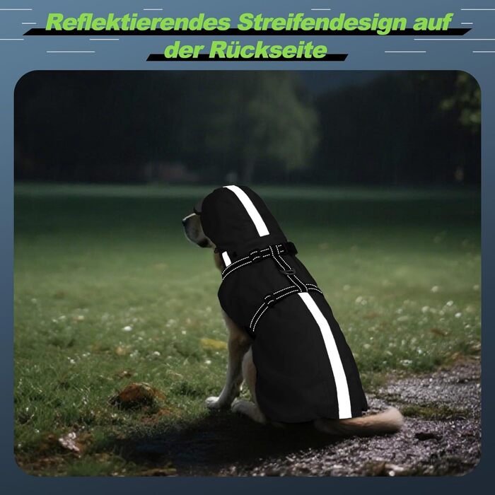 Водонепроникна куртка для собак OUOBOB з відбиваючими смугами, нагрудник H-подібної форми (D-кільце) та знімний капюшон з візором, ідеально підходить для середніх/великих собак [Неоновий зелений, розмір] Зелений (3XL, Чорний)