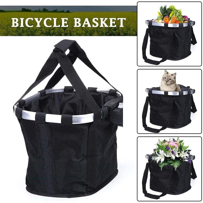 Знімний велосипедний кошик для тварин - складана передня сумка-мішок - переносний тролей для котів та собак, чорний