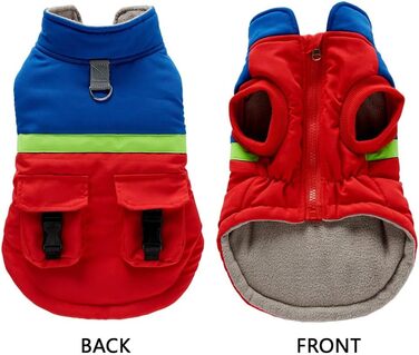 Тепла водовідштовхувальна куртка для собак маленьких та середніх порід. Зігріваючий зимовий одяг для собак з отвором для повідка та кишенями, світловідбиваюча (червоний, синій, S)