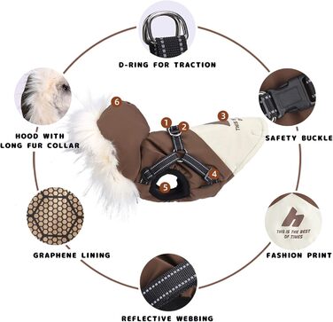 Водонепроникний жилет для собак з капюшоном, теплий жилет з шлейкою для собак, теплий та м'який, коричневий, S-3XL