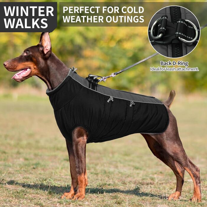 Водонепроникний зимовий одяг для собак, тепла куртка для собак з отвором для шлейки, для малих, середніх та великих собак, з відбиваючими смугами та блискавкою - чорний, XS