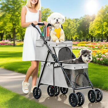 Складаний візок для собак на 2 яруси, переноска для домашніх тварин до 24 кг, візок для собак з сітковими віконцями, ремінь безпеки, 4 колеса, складаний візок для котів та маленьких собак (сірий)