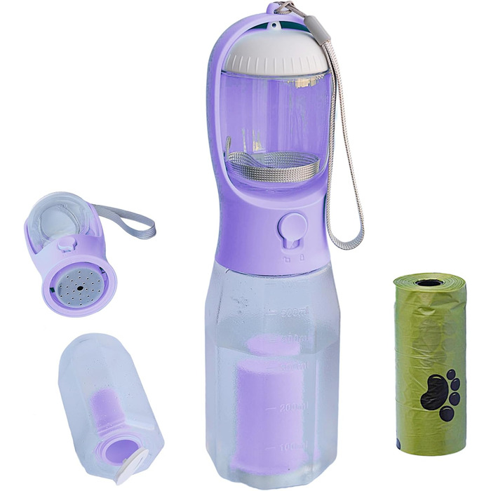 Портативна пляшка для собак PANJAL, 600 мл, 4-в-1, витокозахисна, без BPA, з дозатором відходів, відділенням для ласощів, фільтром – для прогулянок, походів, подорожей, блакитна