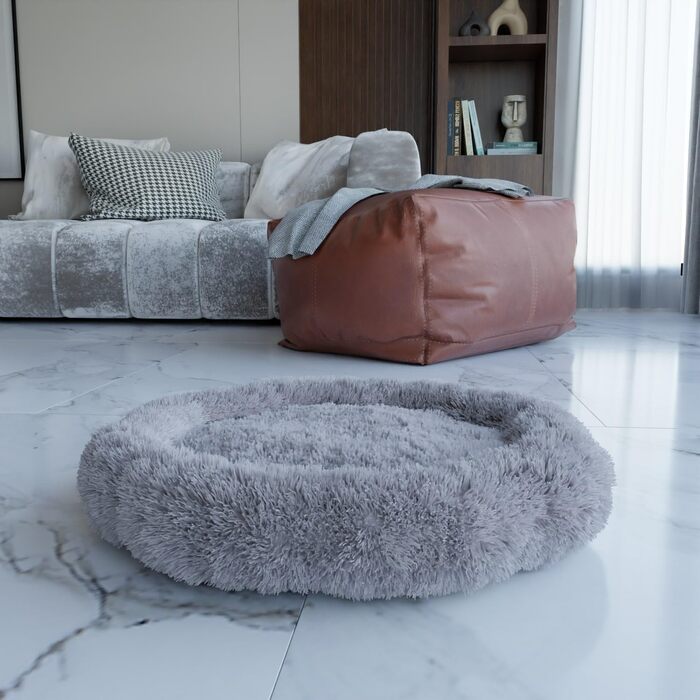 Ляжка для собак Benno® Balu, 70x70x16 см, сіра, кругла, з плюшем, з полипропиленовою начинкою, миється, з неслизьким дном, з іграшкою-кісткою