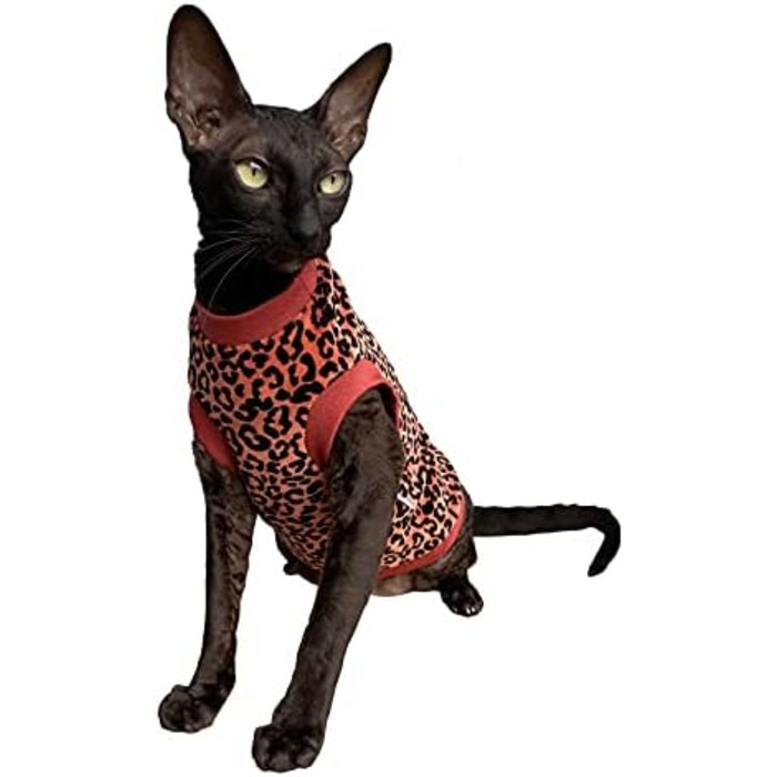Футболка для кота Сфінкс з органічної велюрової тканини з леопардовим принтом (L), червона