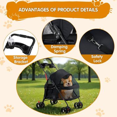 Візок для тварин для маленьких собак і котів, складаний, 4 колеса, легкий, з дихаючим мережем та тримачем для напоїв, чорний