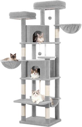 Котячий будиночок Kratzbaum Groß 216 см: великий, стабільний, з 2 печерами, 2 платформами, 2 кошиками та гамаком для дому. FPMS007FG1 (50x40x175 см, світло-сірий)