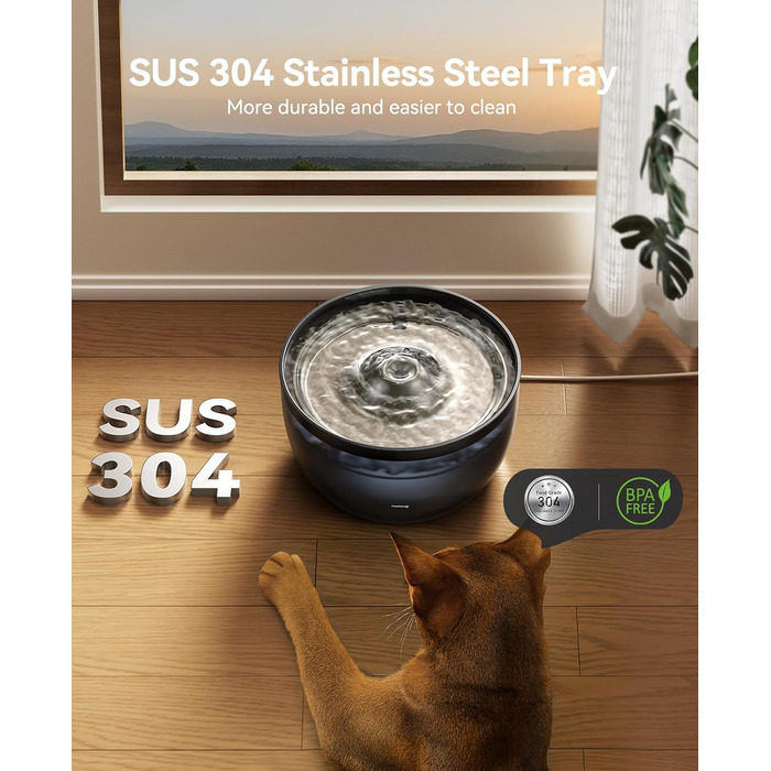 Фонтанчик для котів FEELNEEDY 3L з фільтром з активованого вугілля - фонтанчик для котів з нержавіючої сталі, прозорий резервуар, чорний колір