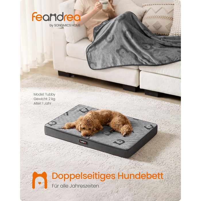 Ліжко для собак Feandrea, м'яке, знімний матрац, водовідштовхувальне, 76 x 51 x 8 см, розмір M, для маленьких та мініатюрних собак, сірий (PGW241G01 M)