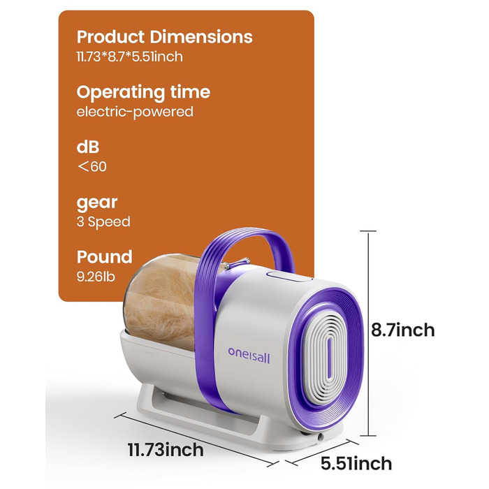 Набір для догляду за собакою Oneisall – пилосос для видалення шерсті з 4 насадками, фіолетовий