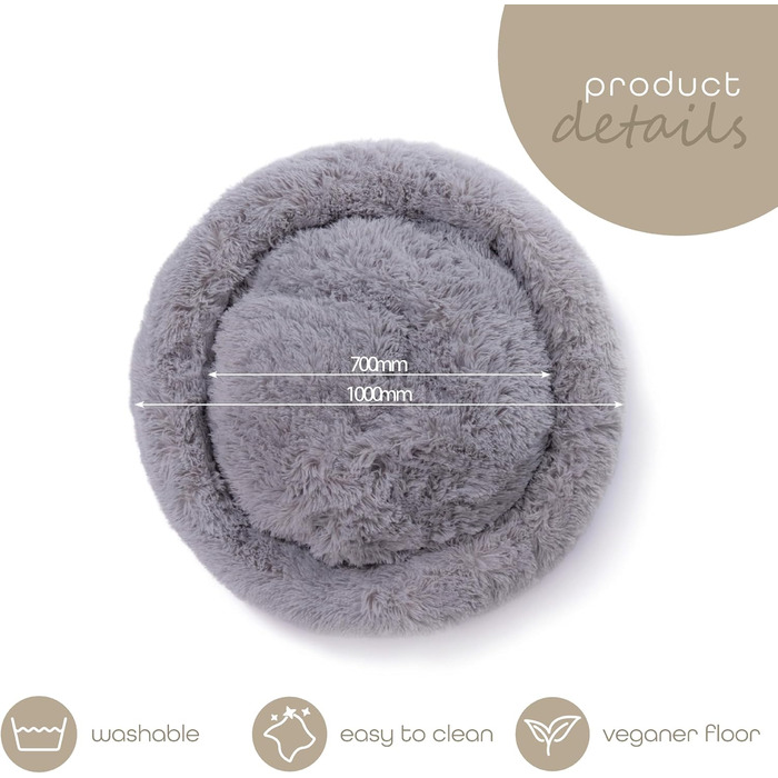 М'яке ліжко для собак та котів Paco Home - кругла подушка-донат, сірий колір, розмір Ø100 см, 100x100x20 см, легко миється