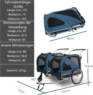 Причеп для собак XL 2-в-1 для велосипеда та візка, з гальмом та світловідбивачами, матеріал 600D Oxford, до 40 кг (Блакитний)