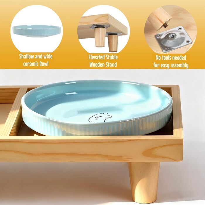 Миска для котів плоска керамічна з дерев'яною підставкою, піднята станція для годування з 2 керамічними мисками, миска для котів, діаметр миски 16 см для їжі та води, рожева & блакитна, блакитно-рожева