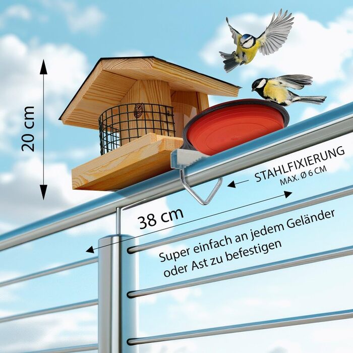 Годівниця для птахів на балкон Vogelfutterhaus, дерев'яна, ручна робота, з кріпленням 30–60 мм, для садових і диких птахів, натуральна, водостійка