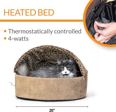 K&H PET PRODUCTS Thermo-Kitty Bett Deluxe – електричне лежанка для котів, для дому, з підігрівом, світло-коричнева з леопардовим візерунком, 50,8 см