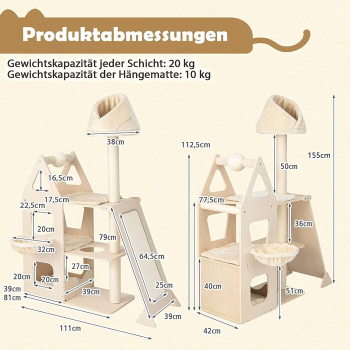 Дерев'яний кігтеточки Costway 155 см: кігтеточки для котів з м'ячем, сизаль, пандус, кошик, активний комплекс, ігровий будиночок, кімнатний кігтеточки, бежевий