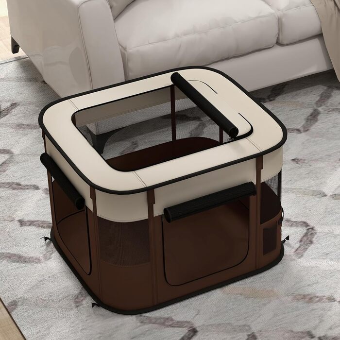 PawHut Вольєр для собак, переносна клітка-вольєр для домашніх тварин, складаний вольєр для собак та котів з сумкою для зберігання, 114 x 89 x 59 см, (Колір: Коричневий, Розмір: S)