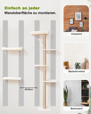 Ігровий комплекс для котів FUKUMARU на стіну 178 см: набір 3-в-1 з масиву дерева, когтеточка та 2 настінні полиці, бежевий