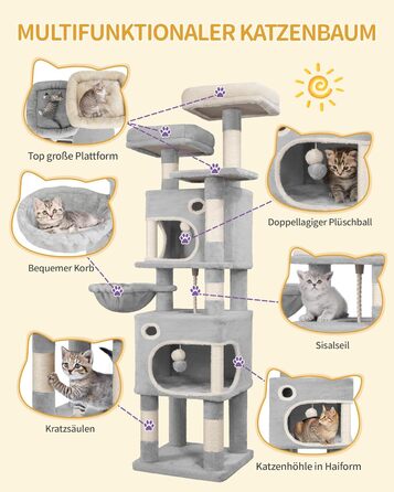 Драбина-кіготь Hzuaneri для котів, 159 см, 8 стовпчиків, 3 платформи, 2 хованки, кошик, плюшеві кульки, мотузка з сизалю, підходить для котів різних розмірів, сірий MS15918LG L (50 x 40 x 159 см)
