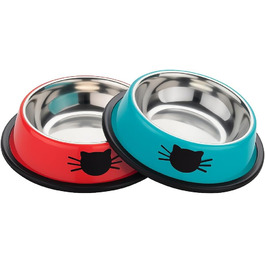 PAWPOURRI Миски для котів з нержавіючої сталі, протиковзкі, 2 шт. (230 мл, синій та червоний)