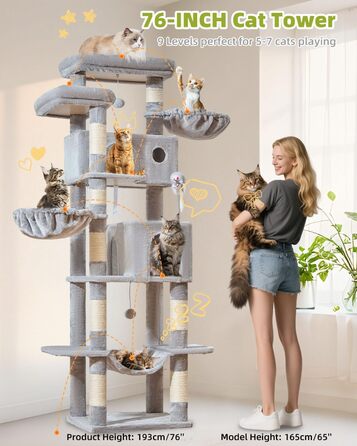 Кігтеточка для котів Taoqimiao 193 см, велика, XXL, з будиночками, гамаком, платформами та 8 стовпчиками для заточування кігтів, сірого кольору MS046W