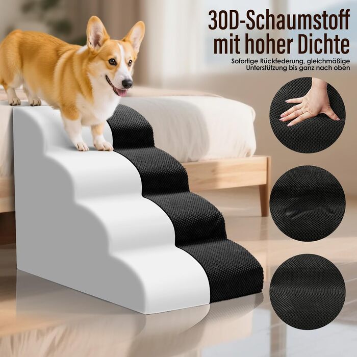 Сходинки для собак, 4 сходинки, знімний поручень, антиковзка поверхня, для ліжка та дивану, з високощільним губчастим наповнювачем (Чорний)