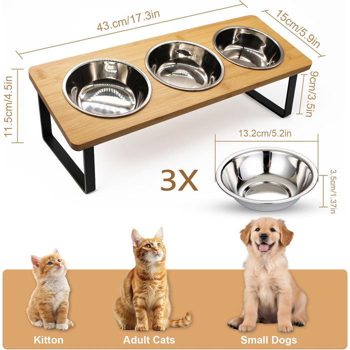 Підвищена годівниця для котів з 3 мисками з нержавіючої сталі, 15° нахил, набір мисок для котів, годівниця для котів та невеликих собак
