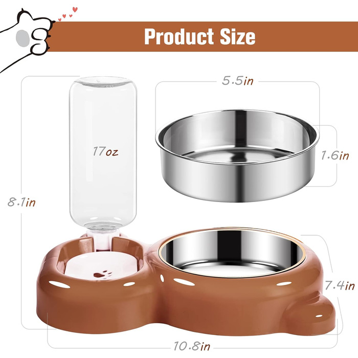 Набір мисок для собак і котів з диспенсером води та миска з нержавіючої сталі (колір: коричневий)