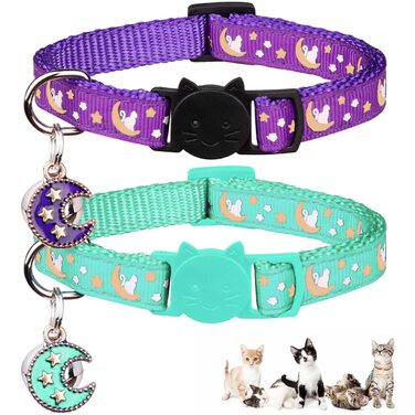 Нашийники для котів з застібкою-карабіном, регульовані, з дзвіночком, чорний + синій, 2 шт., 20,3 - 33,3 см