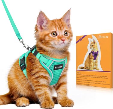 Halypet Шлейка для котів з повідцем, зручна, регульована, з відбивними смугами, нейлонова, для прогулянок, чорна, розмір XS