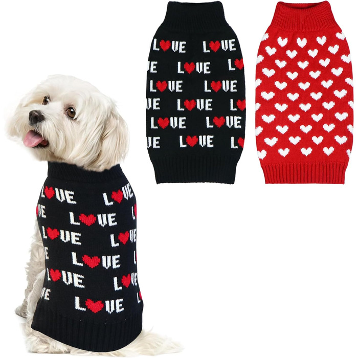 Пуловери для собак на День Святого Валентина (2 шт.), теплий в'язаний одяг з серцем для маленьких, середніх та великих собак, розмір M (червоне серце та чорний напис 