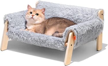 Підвищене дерев'яне котяче ліжко MEWOOFUN, 56x45 см, міцний великий котячий диван, модний стілець для котів із знімним чохлом, витримує до 10 кг, сірий