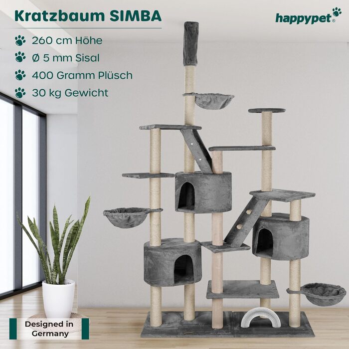 Дряпак для котів HAPPYPET Simba XXL до стелі 260 см, сірий, з будиночками, сходами, лежанками, 9 см стовпи, стабільний, багато аксесуарів