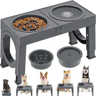 Набір мисок для собак X-BEN 3-в-1: миска для води з захистом від пролиття 1.4L, миска від захлипування 1L, годівниця з 5 рівнями регулювання висоти, для середніх та великих собак, антиковзаюча, сіра