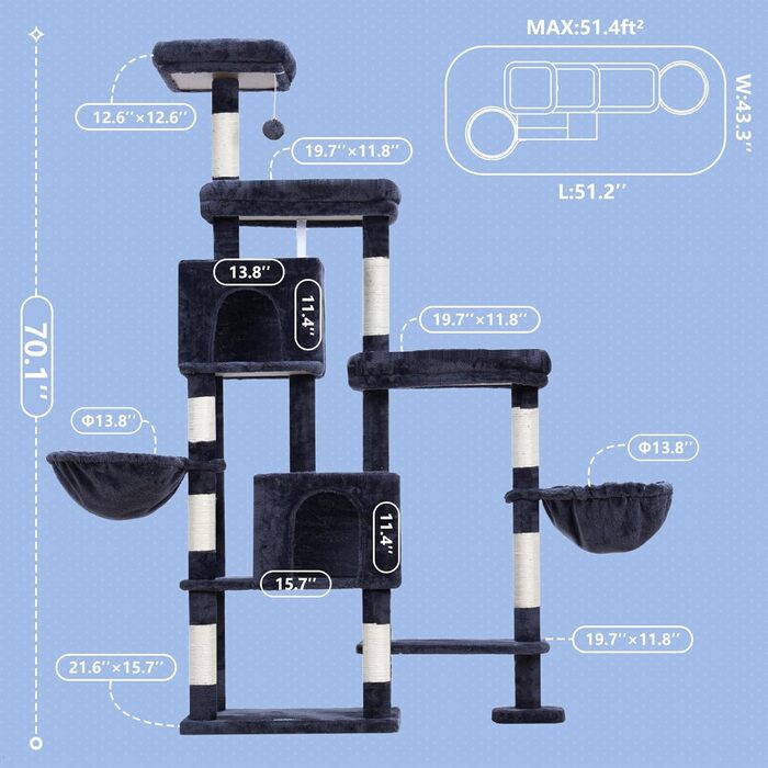 Дерев'яний будиночок для котів Hey-brother з розширеною платформою, широкими полицями, затишними печерами, гамаками, сизалевими стовпчиками та м'ячиком, 178 см, MPJ038W (димно-сірий)