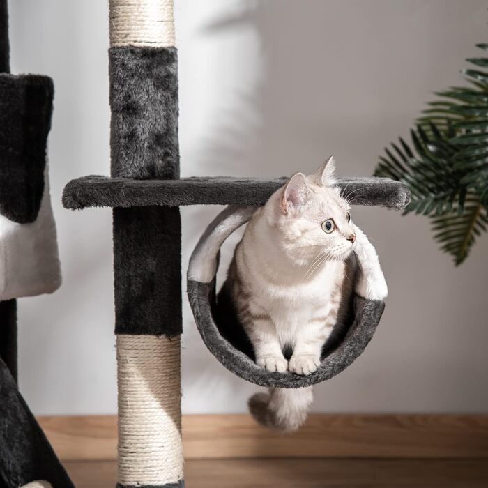Котячий дерево PawHut з регульованою висотою 240-260 см, багаторівневий когтеточка з будиночками, гамаками, драбинами, сизалевим канатом, темно-сірий і білий
