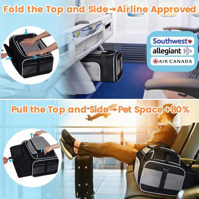 Транспортувальна сумка для домашніх тварин Petskd з розширенням та колесами, 48,3 x 33 x 22,9 см, схвалена Southwest Allegiant Airlines, м'яка переноска для собак до 6,8 кг та котів до 9 кг, фіолетовий колір (чорний)