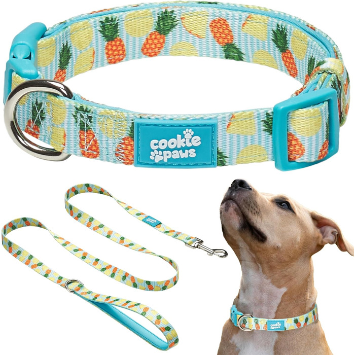 Нашийник і повідець для собак Cookie Paws, неопрений, м’який, з підкладкою, зручний, стильний, міцний, універсальний, з ананасовим принтом, розмір S