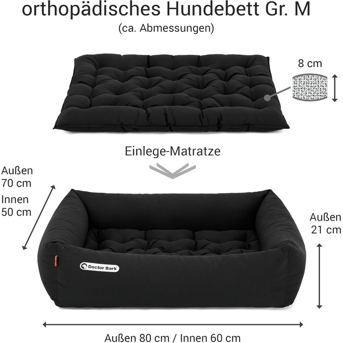 Ортопедичне ліжко для собак Doctor Bark - миється до 95°C, гігієнічне, без запаху, з м'якою подушкою для собак середніх порід (M - 80x70 см, чорний)
