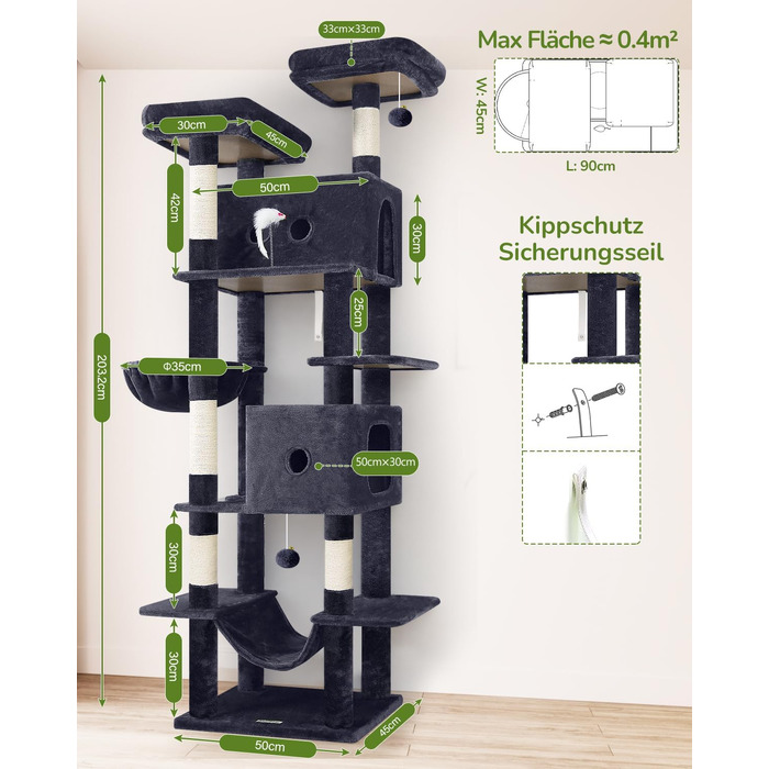 Комплекс для котів Globlazer XXL (204 см) для 3-5 великих котів, темно-сірий: будиночки, платформа, гамак, іграшки